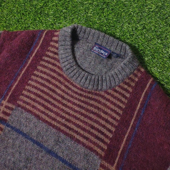 VINTAGE CREWNECK SWEATER WOOL BLEND KNIT PATTERN PLAID MULTICOLOR 80s 90s - Picture 5 of 7